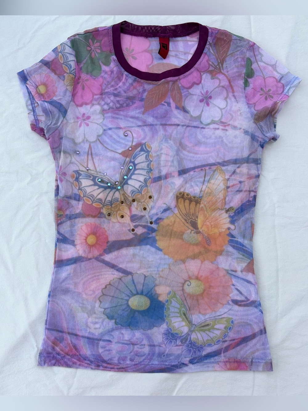 Vintage Y2K Just in Time Rhinestone Floral Butterfly Sheer Mesh Top, Fairycore